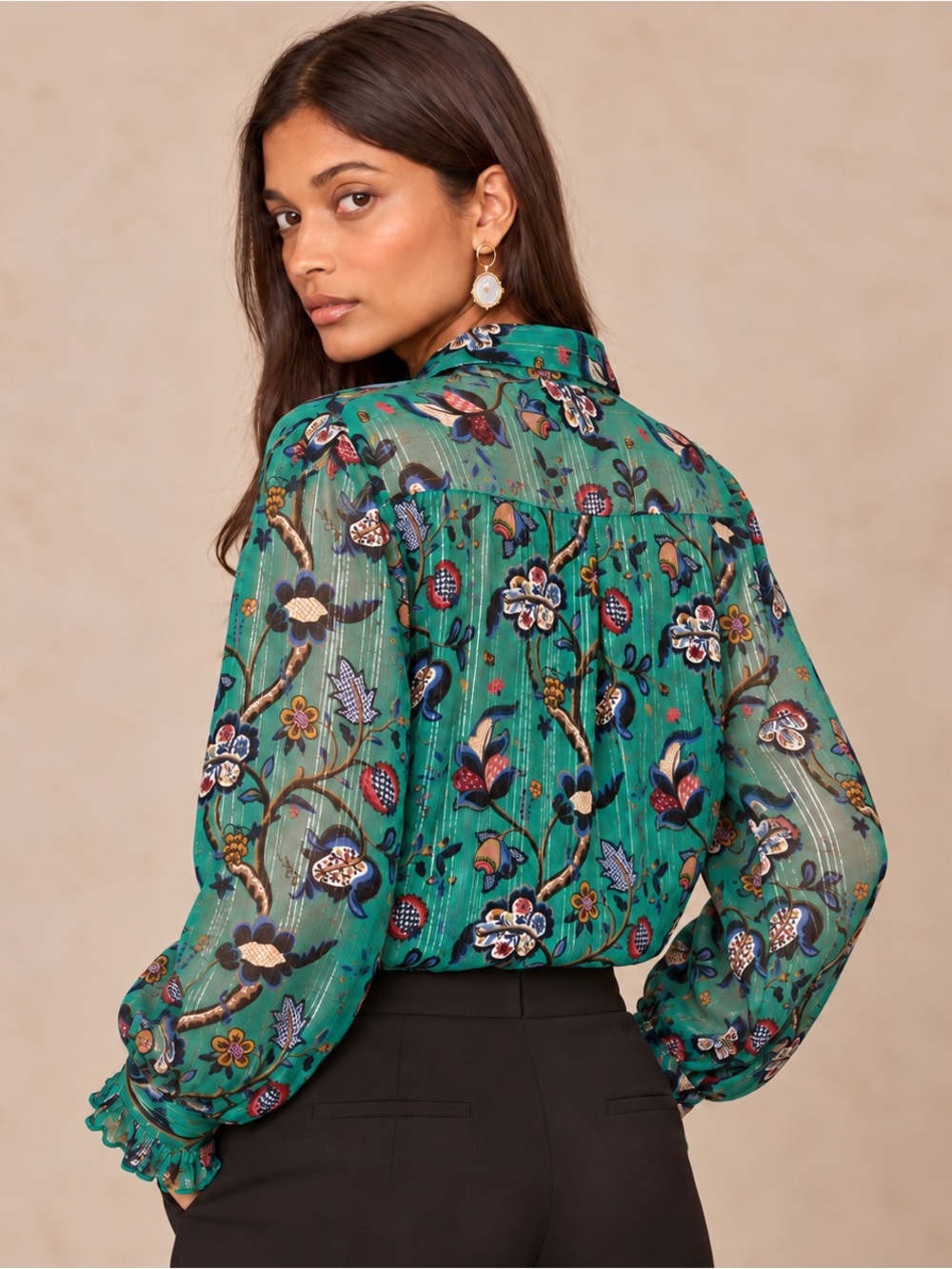 Scotch & Soda Maison Scotch Emerald Floral Sheer Metallic Blouse Size 6 - Picture 3 of 14